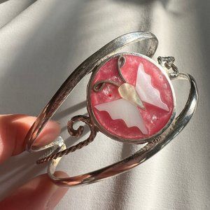 Mother of Pearl Pink Butterfly Silver Tone Mexico Alpaca Cuff Bracelet